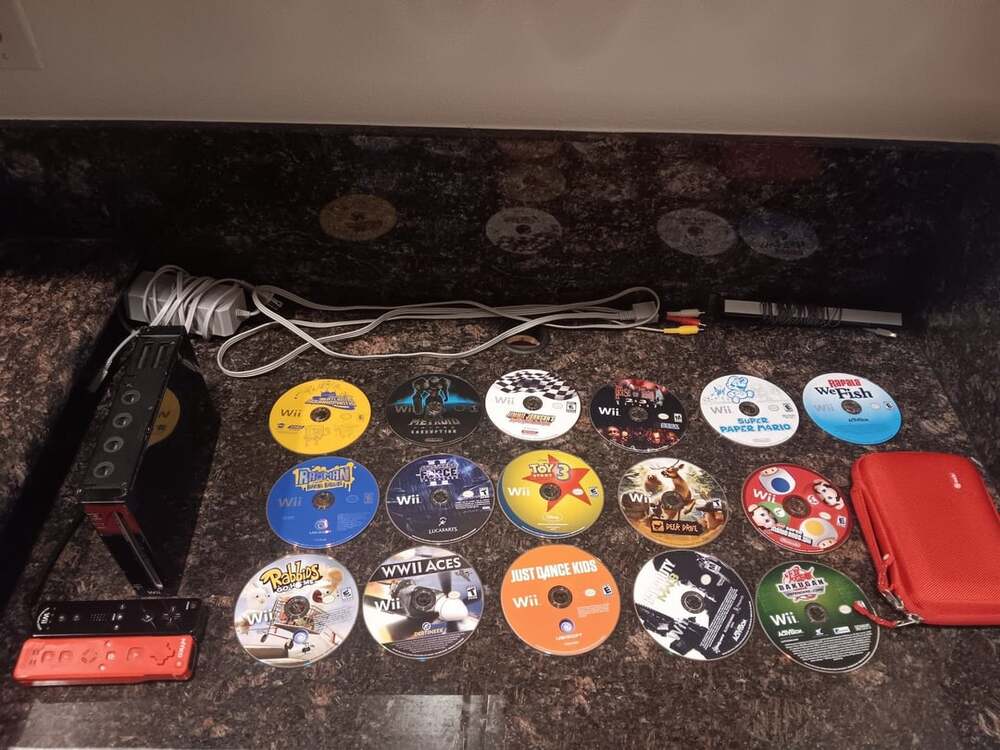 Nintendo Wii Black Console Bundle with Controllers and 16 Games and Case Include